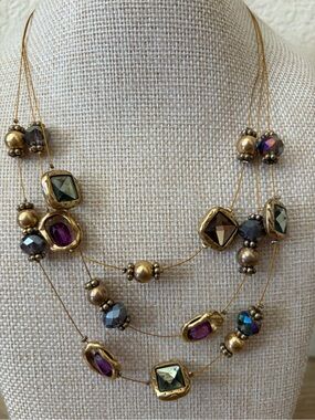 Chico’s Gold-Tone Multi-Strand Necklace with Purple, green & Iridescent Gems.